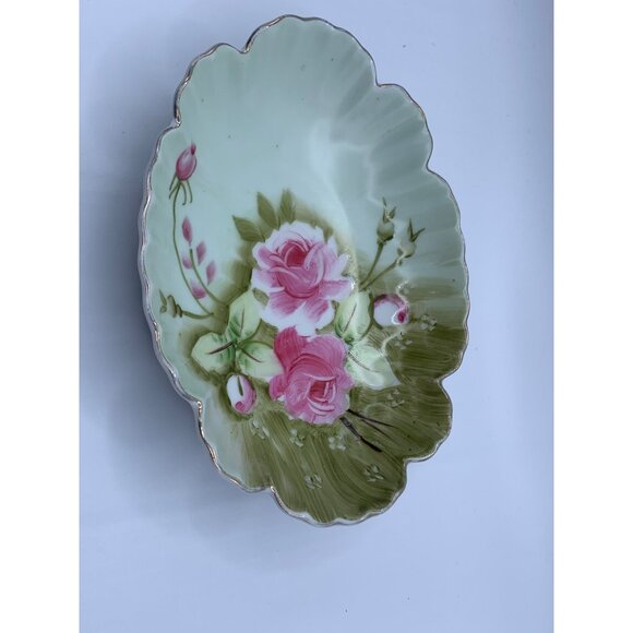 Lefton China Hand Painted Floral Oval Dish 6.5 inch Decorative Dish w Pink Roses - Picture 8 of 10
